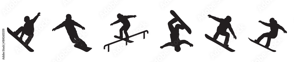 Fototapeta premium Collection of six black silhouette icons depicting snowboarders performing various tricks and maneuvers on snow and a rail.