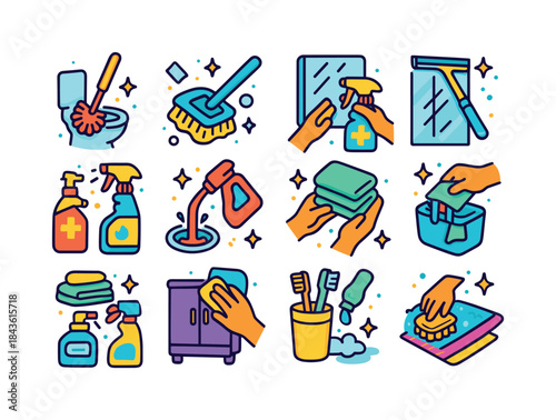 Bathroom Cleaning Icons. Bathroom cleaning. Colorful isometric v