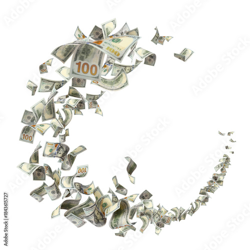 Flying hundred dollar bills swirling in dynamic motion, isolated on transparent cutout background