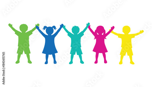Diverse group of children standing together in colorful silhouette