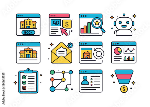 Hotel Marketing Icons. Hotel digital marketing. Colorful isometr