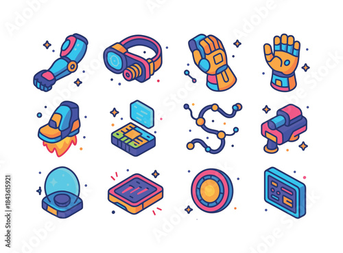 Sci-Fi Icon Set. Sci-fi enhancements. Colorful isometric vector