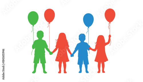 Colorful illustration of four people holding hands and balloons