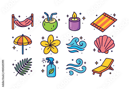 Tropical Relaxation Icons. Tropical relaxation. Colorful isometr