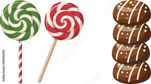 Vector illustration featuring two festive swirl lollipops (red/white, green/white) and a stack of four chocolate cookies with white glaze, ideal for holiday and confectionery graphics