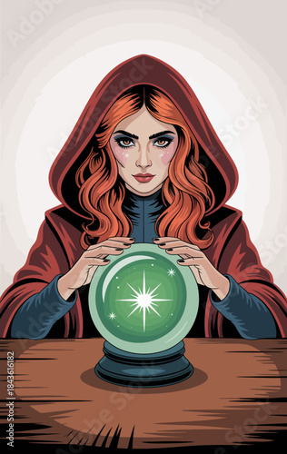 A captivating image of a woman in a red cloak gazing into a glowing crystal ball, embodying the mystical and enigmatic nature of fortune-telling and divination.