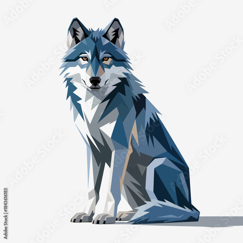 This stunning digital art features a blue wolf, captured in a geometric style that emphasizes its majestic beauty, blending realism with abstract artistic presentation.