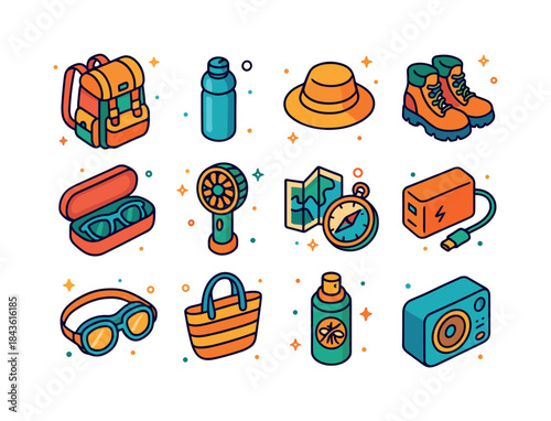 Summer Travel Icons. Summer travel gear. Colorful isometric vect
