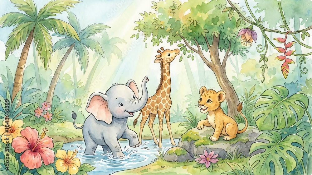 Obraz premium Watercolor jungle scene featuring a baby elephant in water a young giraffe and a lion cub