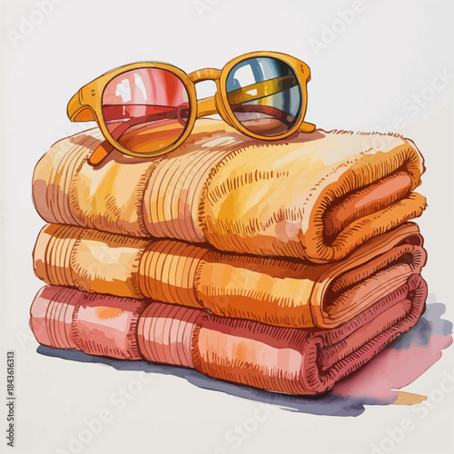 A vibrant stack of bath towels accompanied by stylish sunglasses, perfectly illustrating relaxation and fun in summer and beach holidays, ready for a sunny retreat.