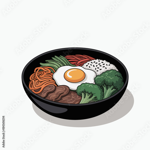 A colorful bowl of bibimbap featuring fresh vegetables, a sunny-side-up egg, and marinated beef, capturing the essence of traditional Korean cuisine and flavors.