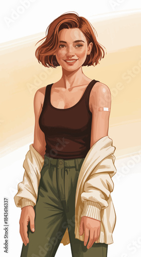 A contemporary illustration of a stylish woman with a playful smile, wearing a cool outfit and a band-aid, reflecting resilience, confidence, and a modern sense of fashion and spirit.