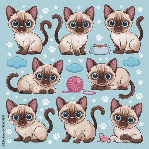 A charming array of playful Siamese kittens, each displaying their unique personality while engaging in playful antics, evoking joy and warmth in a delightful pattern.