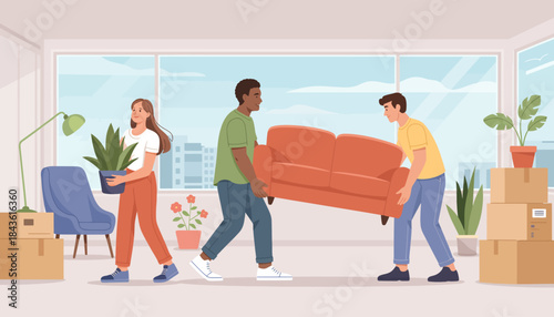 This energetic illustration shows three friends moving furniture into a bright apartment, symbolizing teamwork and the excitement of starting fresh, perfect for home and lifestyle themes.