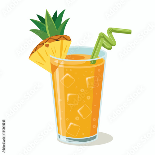 A vibrant glass of orange tropical drink with ice cubes and a pineapple slice, perfect for cooling off on a sunny day while enjoying the refreshing flavors of summer.