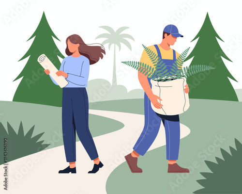 A man and woman are planting trees while promoting environmental care and sustainability, representing teamwork and a commitment to nurturing the Earth for future generations.