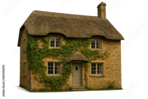 Traditional english stone cottage with thatched roof and green ivy on walls on transparent background
