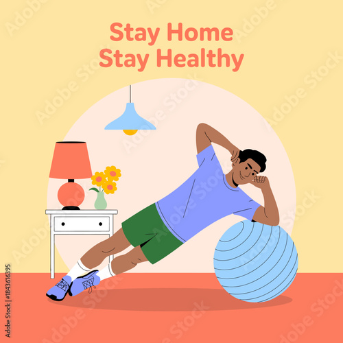 A man exercises at home using a stability ball to enhance his fitness. He engages in physical activity while maintaining a healthy lifestyle during lockdown. A vibrant atmosphere surrounds him.