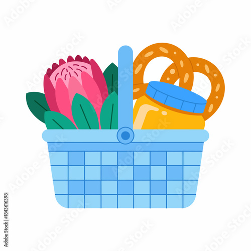 This vibrant illustration of a picnic basket filled with flowers and snacks illustrates the joy of outdoor gatherings and the delights of shared moments in nature.