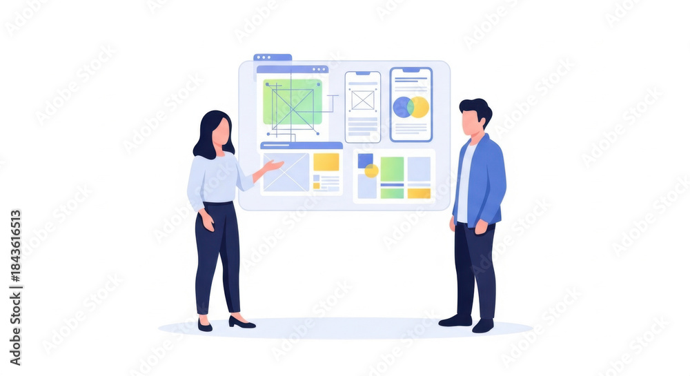 Fototapeta premium Two Professionals Presenting a Website Wireframe on Large Digital Board