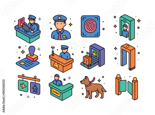 Airport Icons Set. Airport Immigration. Colorful isometric vecto