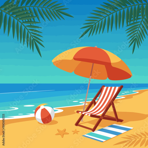 A vibrant beach scene featuring a comfortable deck chair and a bright umbrella against the blue ocean, perfectly capturing a serene and inviting summer getaway atmosphere.