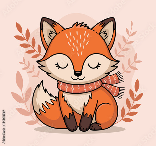 This charming illustration features an adorable fox wrapped in a cozy scarf, embodying warmth, cuteness, and a playful representation of wildlife in a cozy setting.
