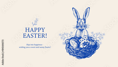 Cute Easter vintage hand drawn poster with cute bunny and egg nest. Greeting card and invitation design. Retro sketch vector illustration