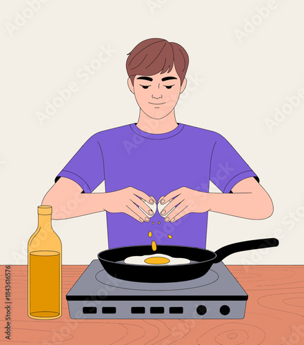 A young man is passionately cooking eggs in a frying pan, depicting the joy of cooking and everyday life, highlighting skill and the importance of home-cooked meals.