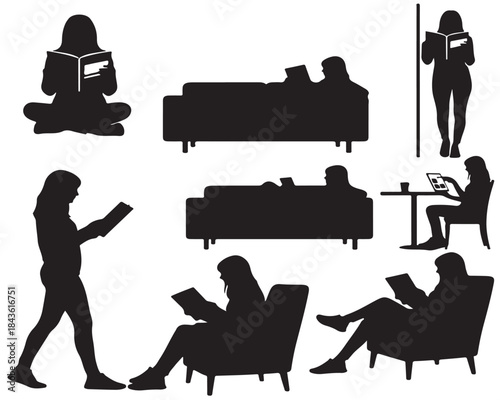 Collection of silhouettes of people reading books in various poses and settings, including sitting, standing, and lying down.
