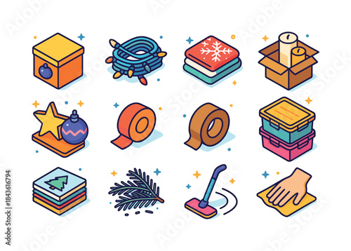 Seasonal Cleanup Icons. End-of-season cleanup. Colorful isometri