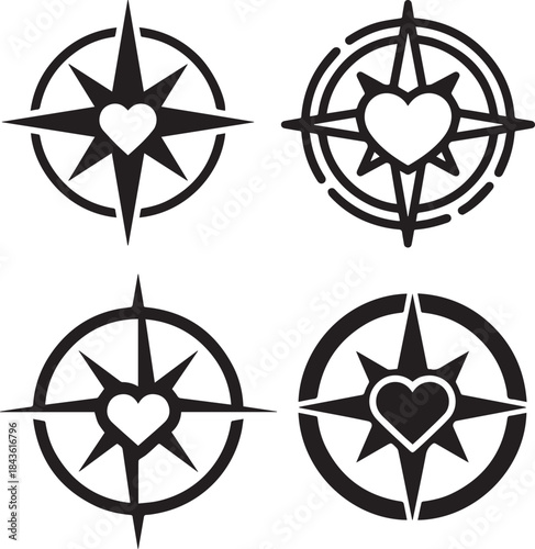 Romantic Adventure Heart Compass Silhouette Vector Icon Set