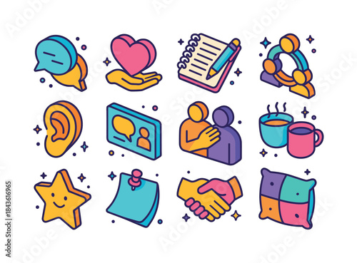 Colorful Peer Support Icons. Peer support. Colorful isometric ve