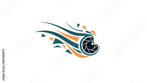 Dynamic camera lens aperture logo with flowing tribal art elements.