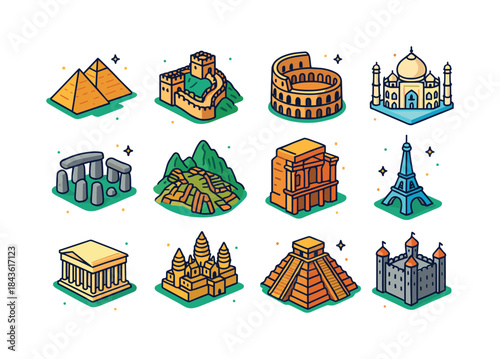 Iconic World Landmarks. Historic Landmarks. Colorful isometric v