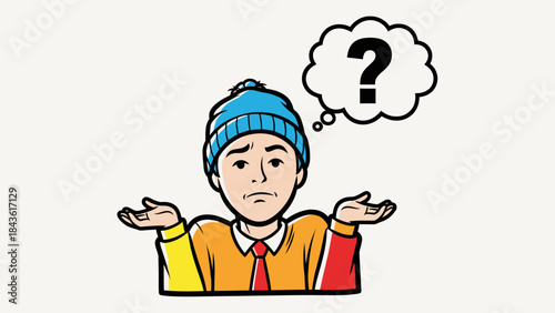 Confused cartoon man shrugging, wearing a blue beanie, with a question mark thought bubble above his head.