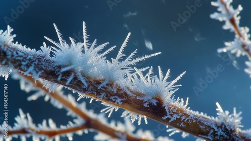 Close-up of intricate hoarfrost crystals forming on tree branches in winter