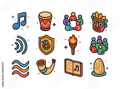 Traditional Chant Icons. Traditional chants. Colorful isometric