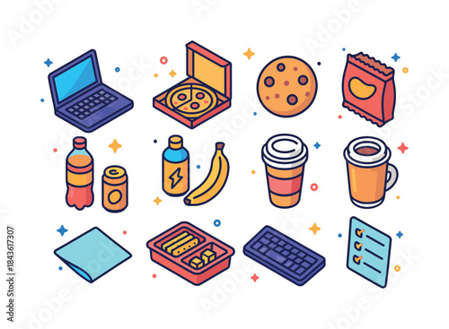 Vibrant Work Snacks. Work & Snack. Colorful isometric vector ico