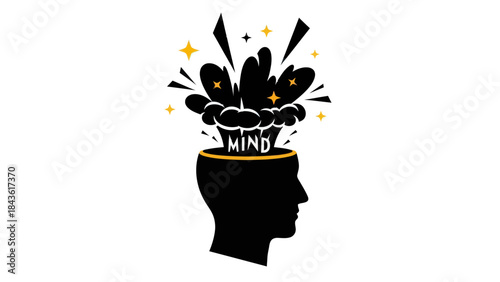 Creative mind explosion from human head silhouette with stars and MIND text.