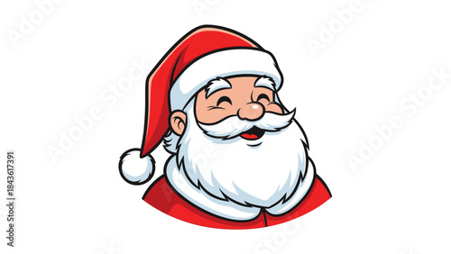 Smiling Cartoon Santa Claus Head with Red Hat and White Beard.