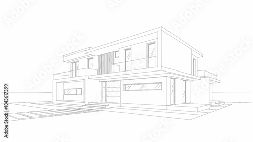 Modern two-story house architectural line drawing blueprint.