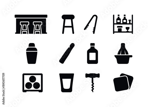 Home Bar Icons. Home bar. Solid icon set of home bar: bar counte