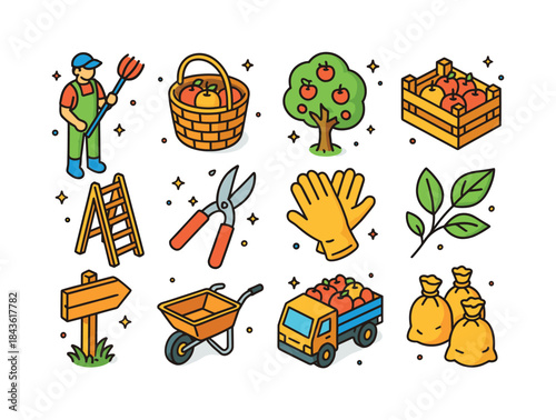 Orchard Harvest Icons. Orchard harvest. Colorful isometric vecto