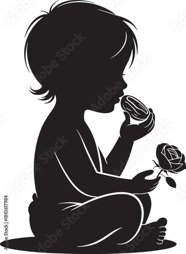Mother and baby eating dat and rose illustration