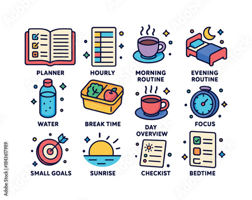 Colorful Daily Planner Icons. Daily Planning. Colorful isometric