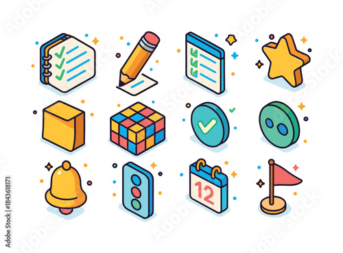 Colorful Task Icons. Making a List of Tasks to Accomplish During