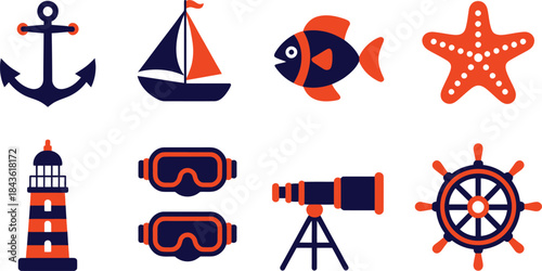 Nautical flat icon set with sea and sailing elements,Collection of modern flat-style nautical icons including anchor, sailboat, lighthouse, goggles, telescope, fish, starfish, and ship wheel.

