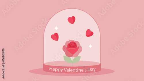 A romantic Valentine's Day illustration featuring a single red rose inside a decorative glass dome with floating hearts and sparkling details.