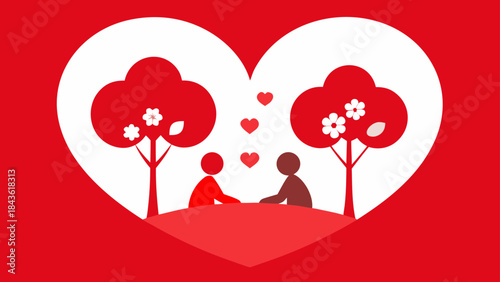 Vector illustration of a loving couple celebrating a romantic date inside a big heart shape on a red background